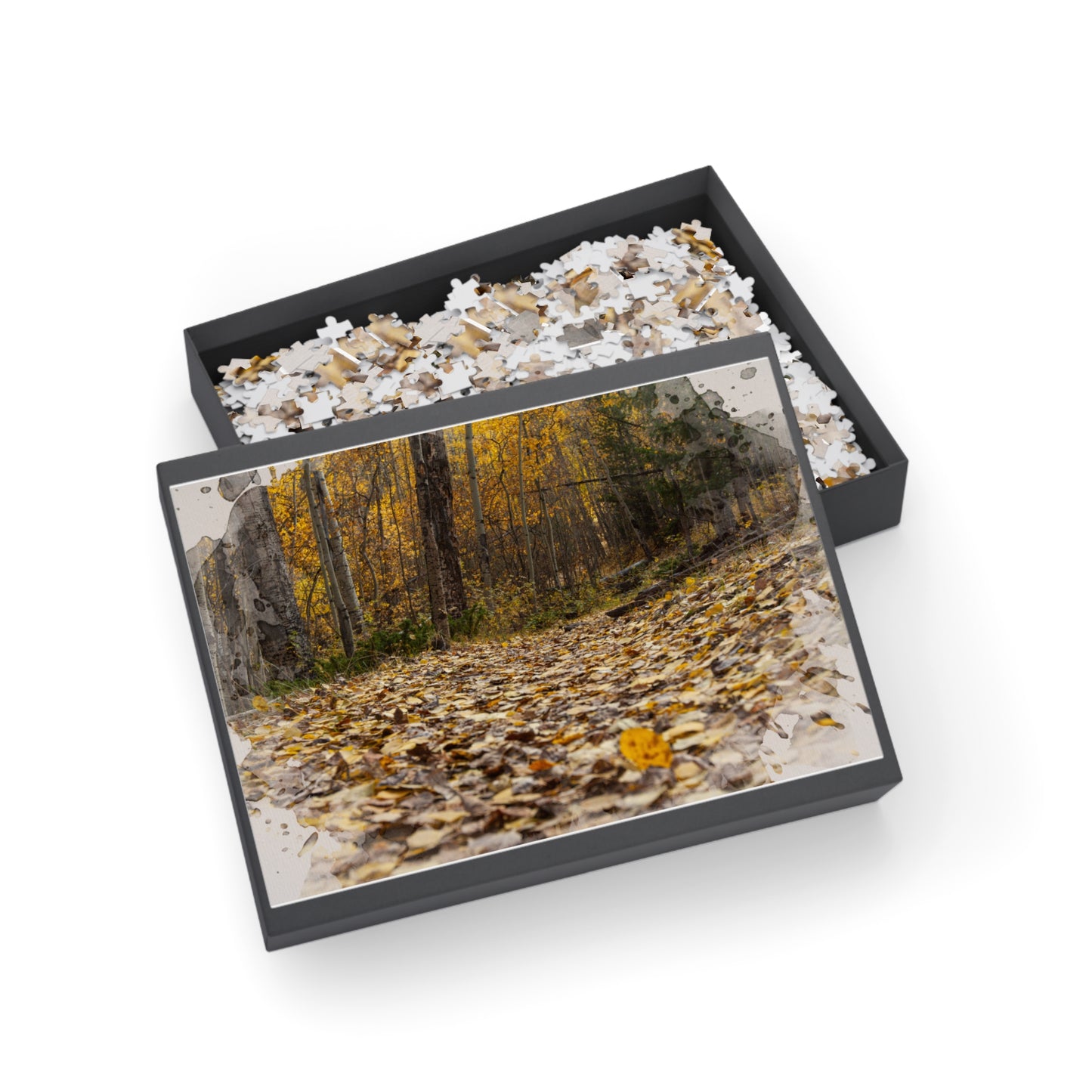 1000-piece puzzle featuring a serene forest floor with scattered autumn leaves in vibrant watercolor detail.