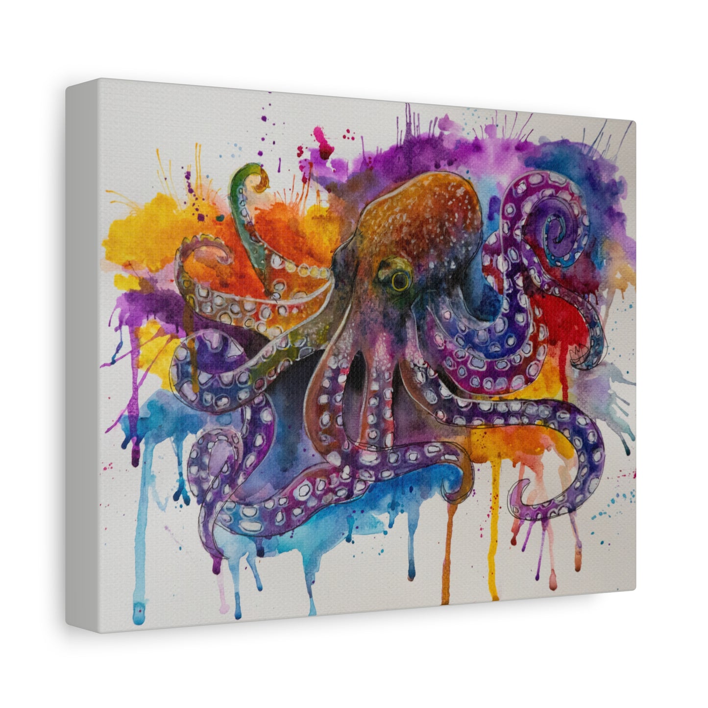 Vibrant watercolor painting of a majestic octopus with flowing tentacles in shades of blue and purple.