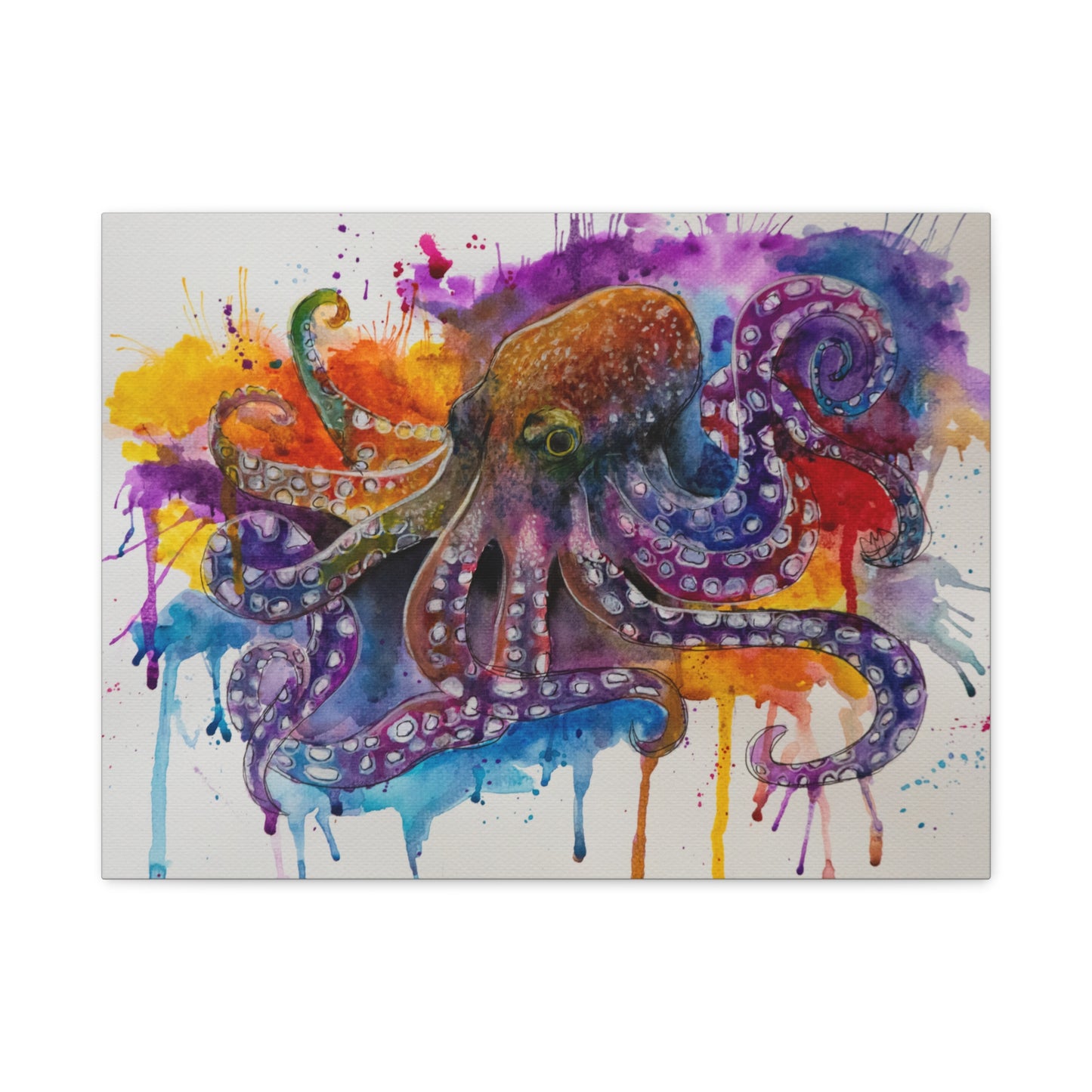 Vibrant watercolor painting of a majestic octopus with flowing tentacles in shades of blue and purple.