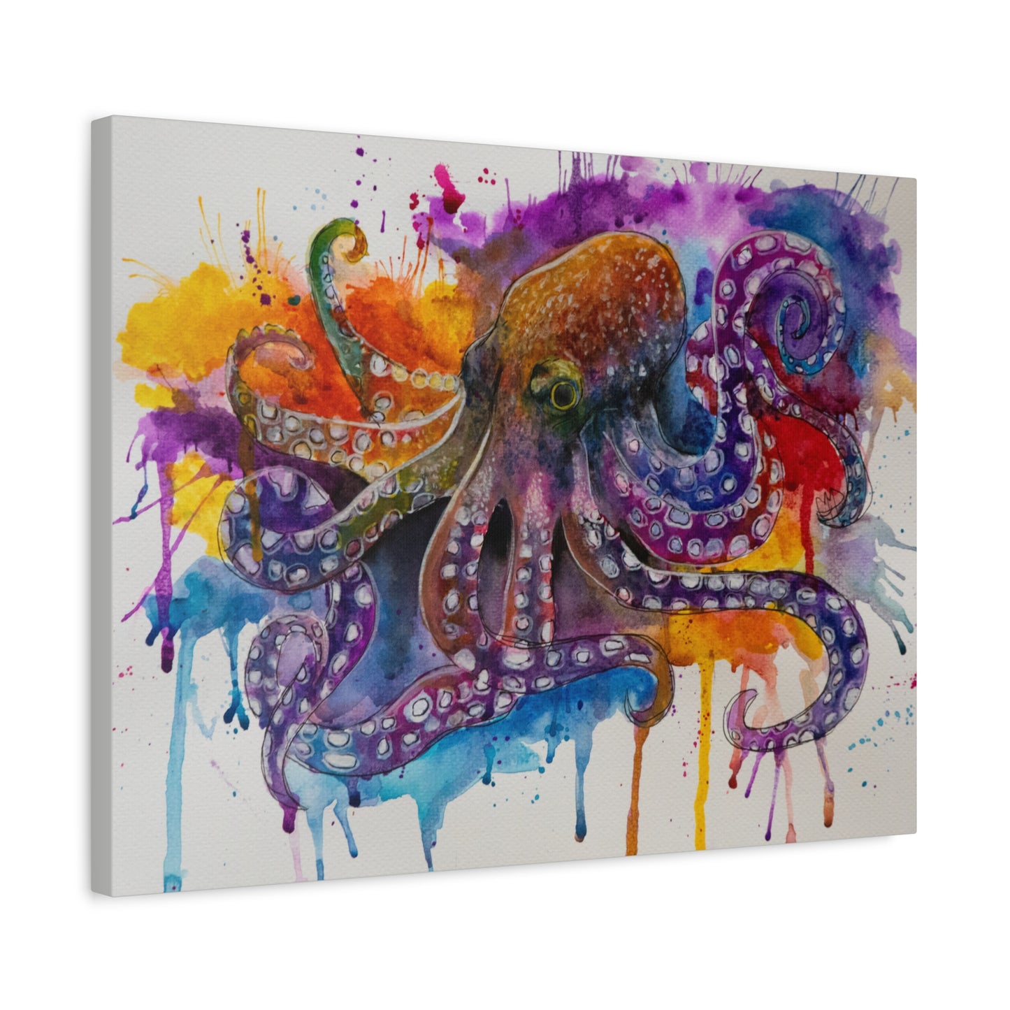 Vibrant watercolor painting of a majestic octopus with flowing tentacles in shades of blue and purple.