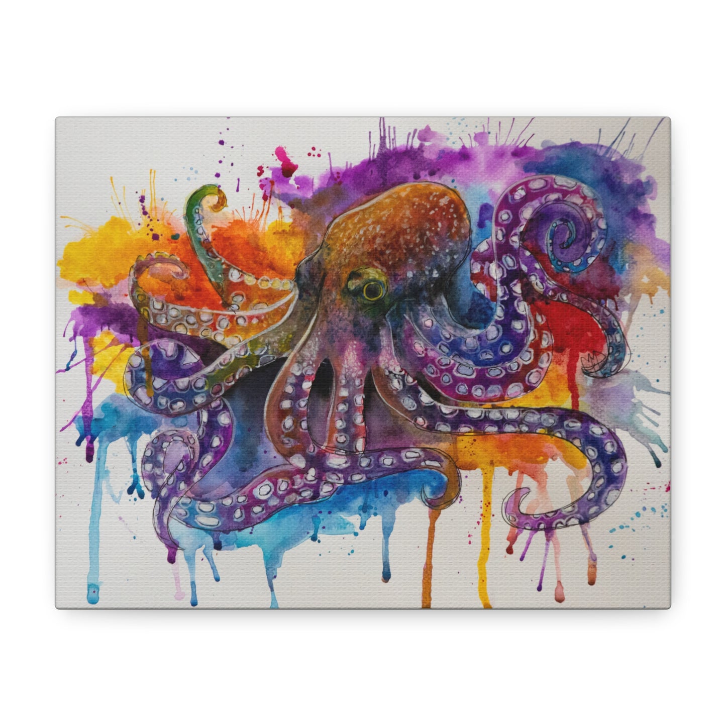 Vibrant watercolor painting of a majestic octopus with flowing tentacles in shades of blue and purple.