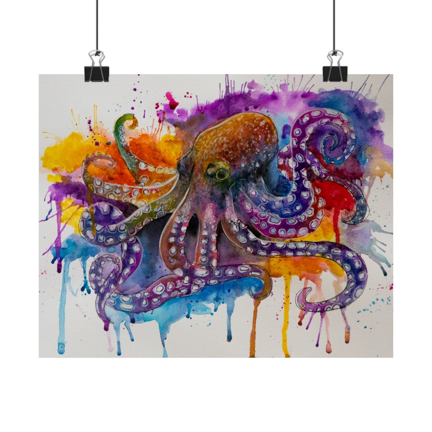 Vibrant watercolor painting of a majestic octopus with flowing tentacles in shades of blue and purple.