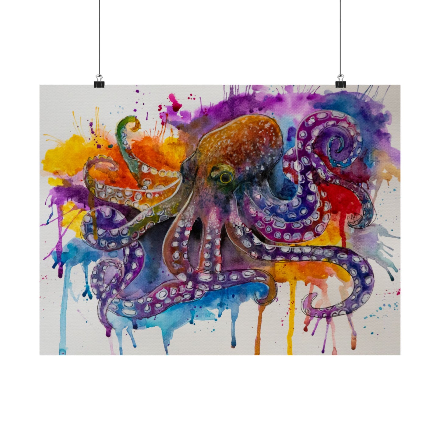 Vibrant watercolor painting of a majestic octopus with flowing tentacles in shades of blue and purple.