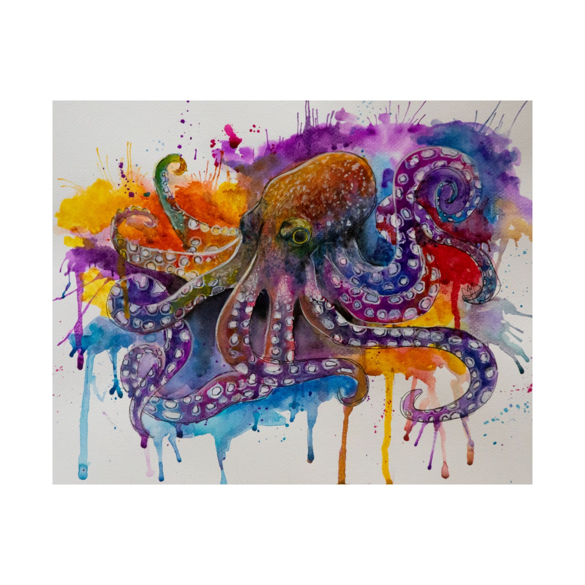 Vibrant watercolor painting of a majestic octopus with flowing tentacles in shades of blue and purple.