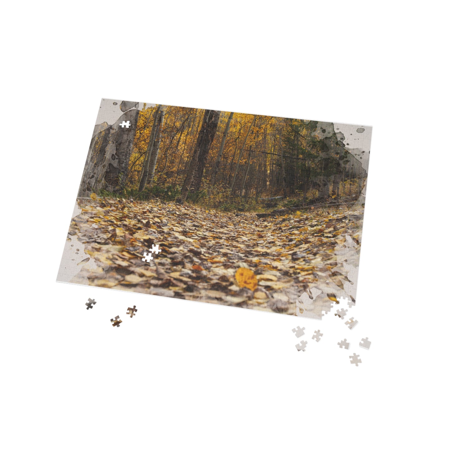 1000-piece puzzle featuring a serene forest floor with scattered autumn leaves in vibrant watercolor detail.